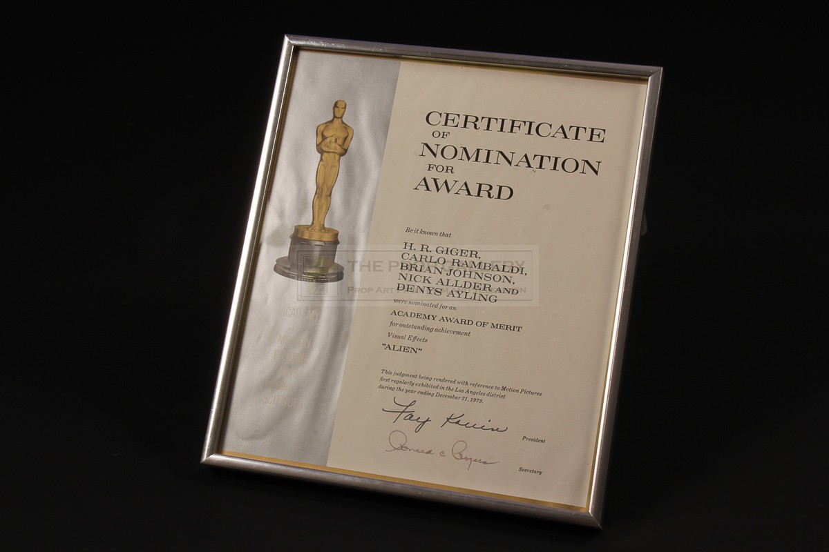 The Prop Gallery | Brian Johnson Academy Award nomination certificate