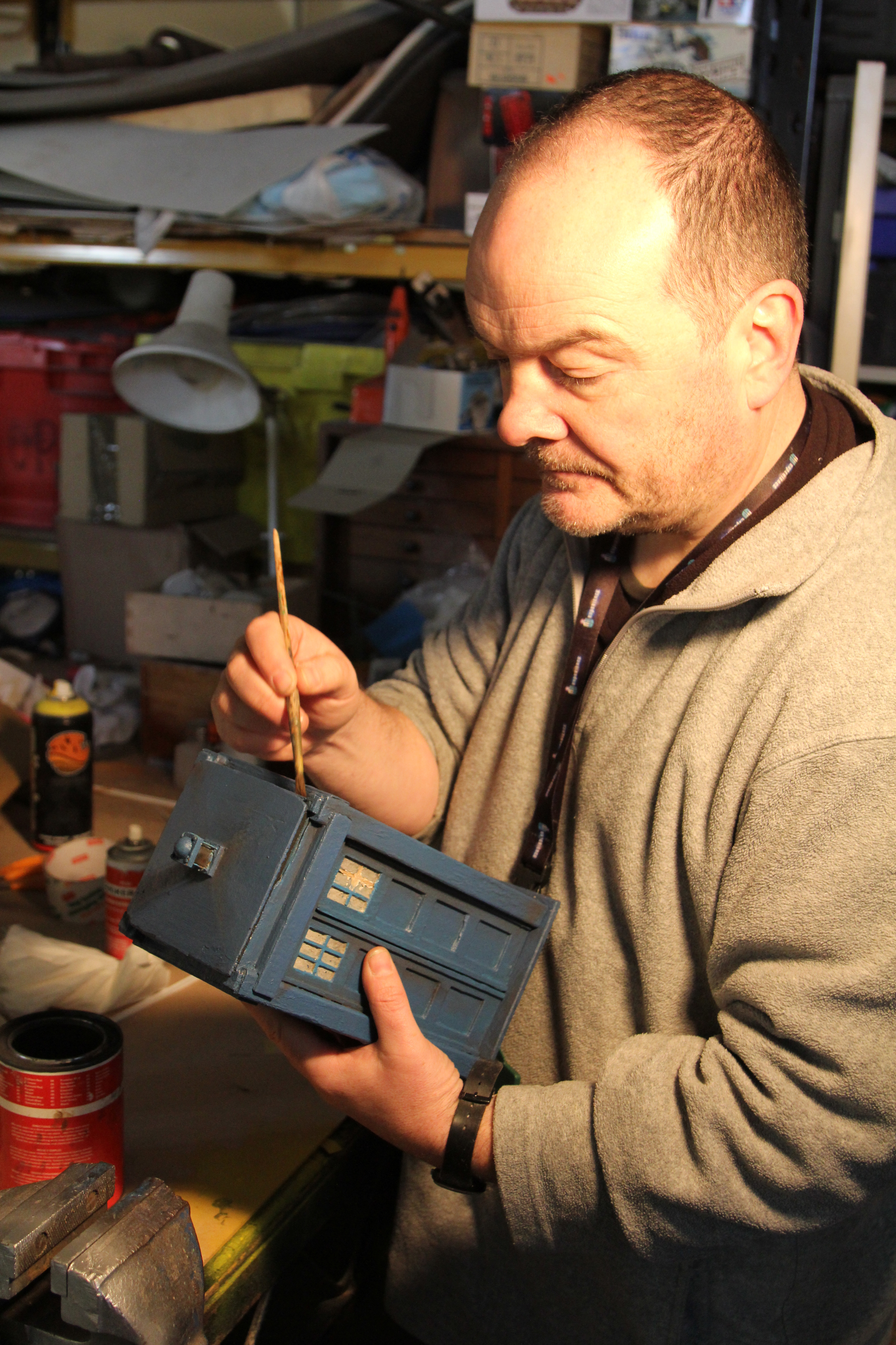 Mike Tucker of The Model Unit at work on the original TARDIS miniature