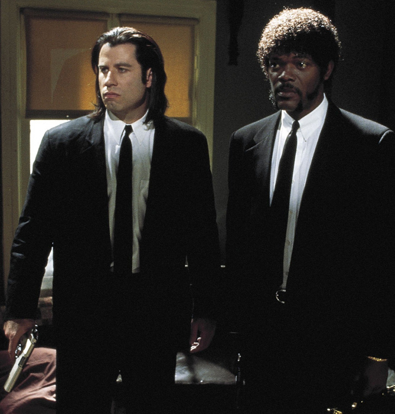 John Travolta and Samuel L. Jackson as Vincent Vega and Jules Winnfield in Pulp Fiction