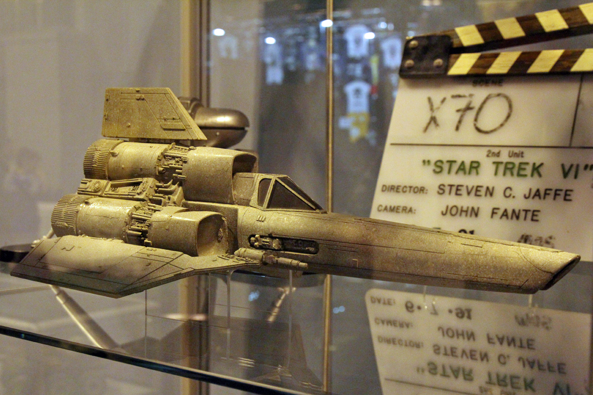 The Prop Gallery exhibit original Colonial Viper filming miniature from Battlestar Galactica.