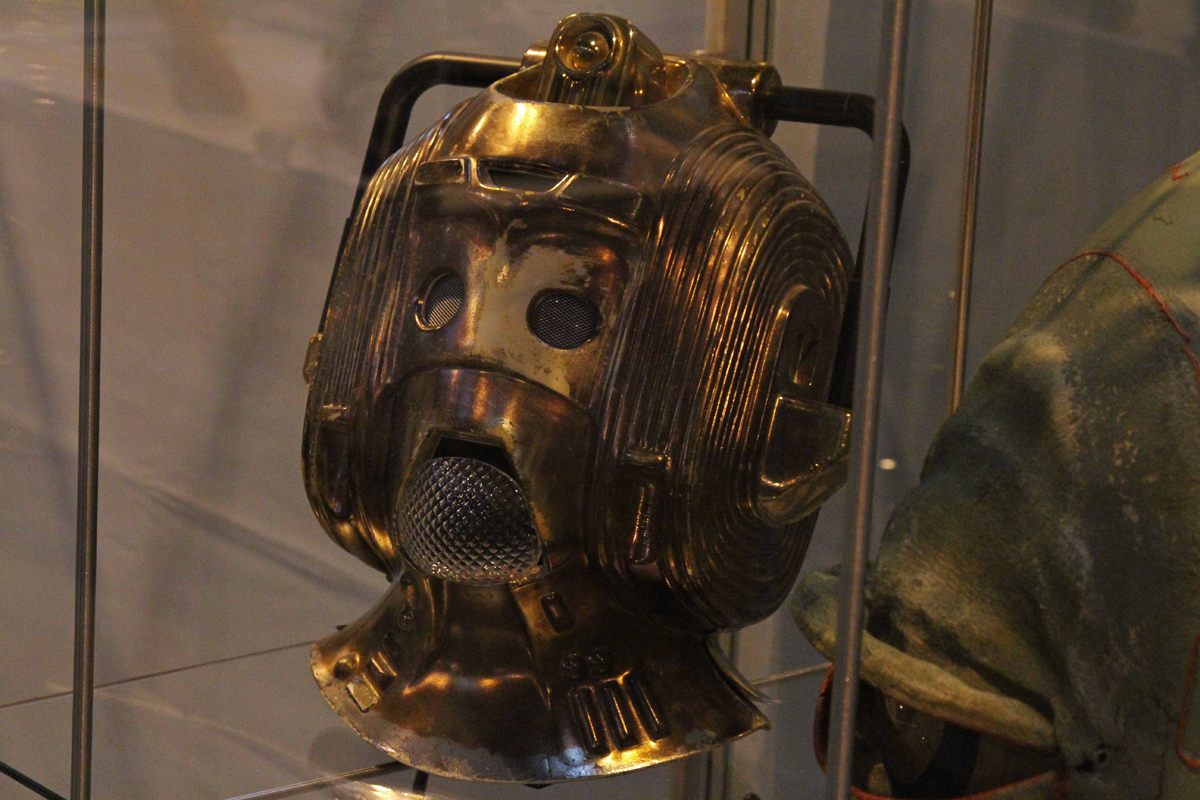 The Prop Gallery exhibit original Cyberman helmet from Doctor Who.