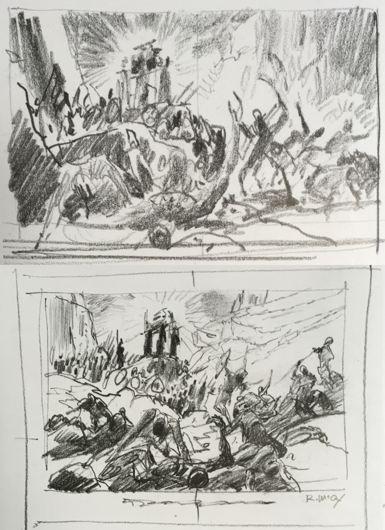 Rough bible page concept designs by Ralph McQuarrie.