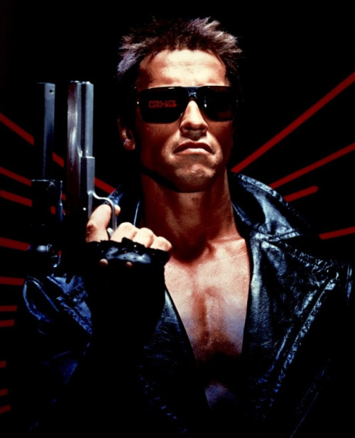 Arnold Schwarzenegger as The Terminator in the now iconic publicity shot.