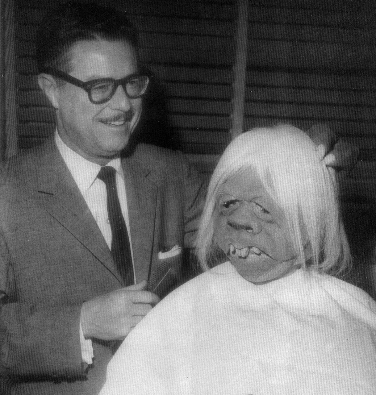 William Tuttle and a Morlock in make up behind the scenes on The Time Machine (1960)