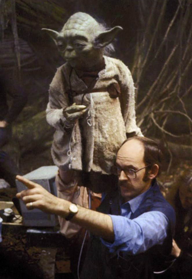 Frank Oz on set of The Empire Strikes Back with the Yoda puppet